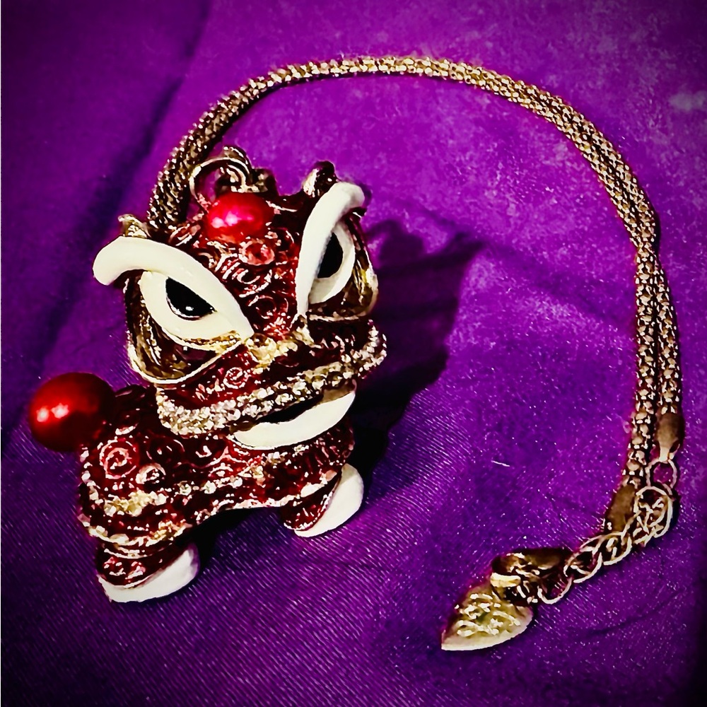 Red and Gold Dragon Lion Head Necklace